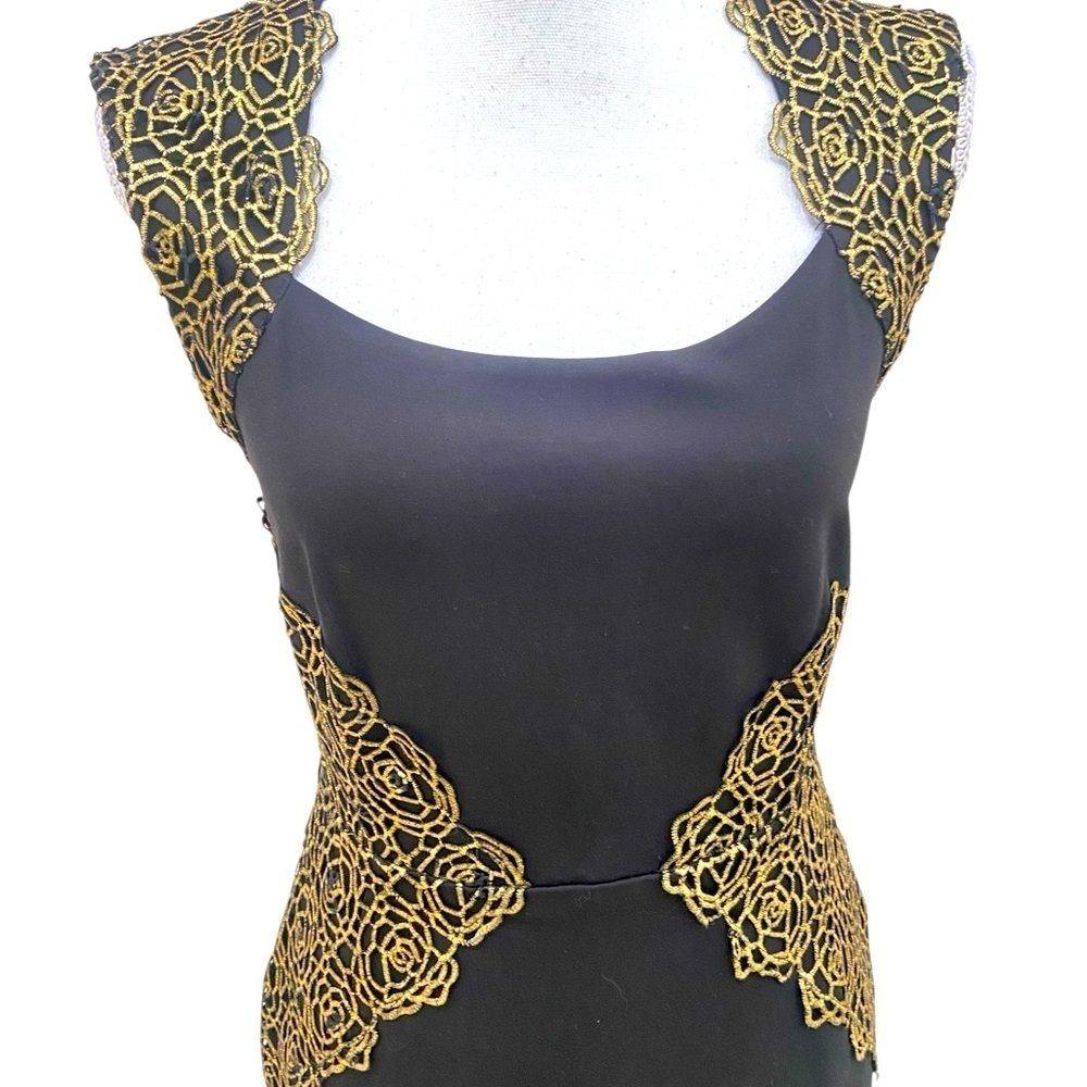 NWT Erin black & gold rosette embroidery fitted short sleeve pint dress size 4 - Picture 8 of 12